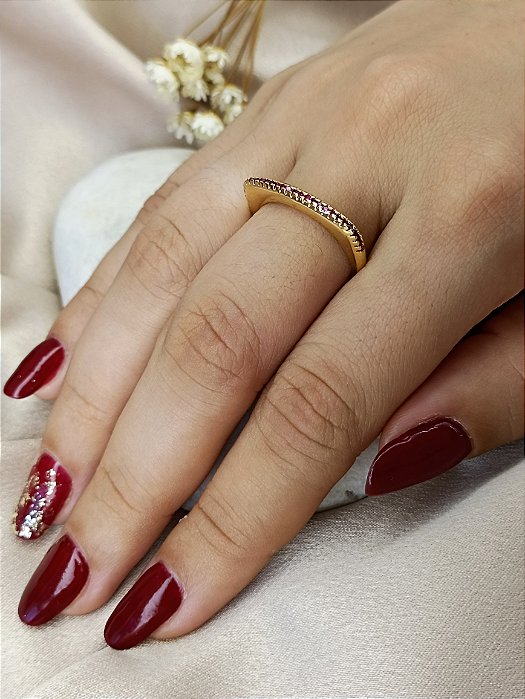 Anel Quadrado Com Zircônias Rosa - Semijoia 18k - MA392-12260