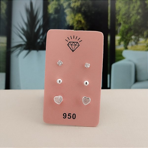 Trio Brincos Luxo Prata 925 - Coração - Bola - Pedra - B137-1166