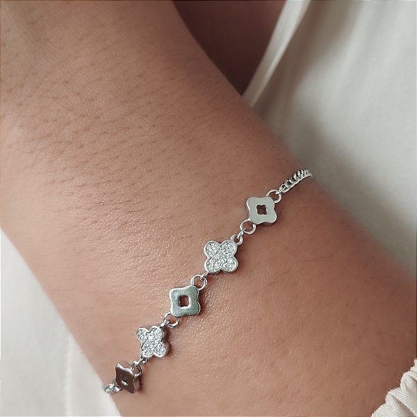 Pulseira Trevo Cravejado - Prata 925 - Ródio - MP911-59354