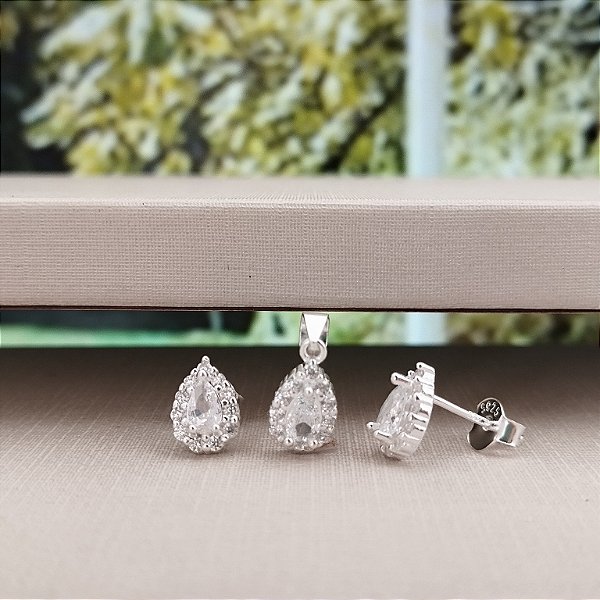 Conjunto Gota Pingente e Brinco Cravejado - Prata 925 - MCJ105-36216