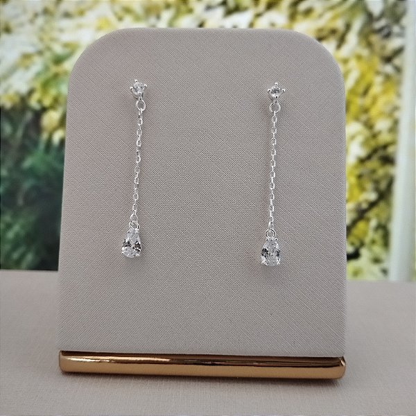 Brinco Ponto de Luz Pêndulo Gota Com Correntinha - Prata 925 - B147-21126