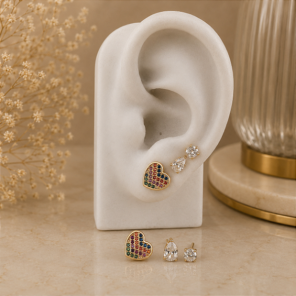 Trio Coração Cravejado, Ponto de Luz e Gota Zircônia - Semijoia 18k - B155-1080
