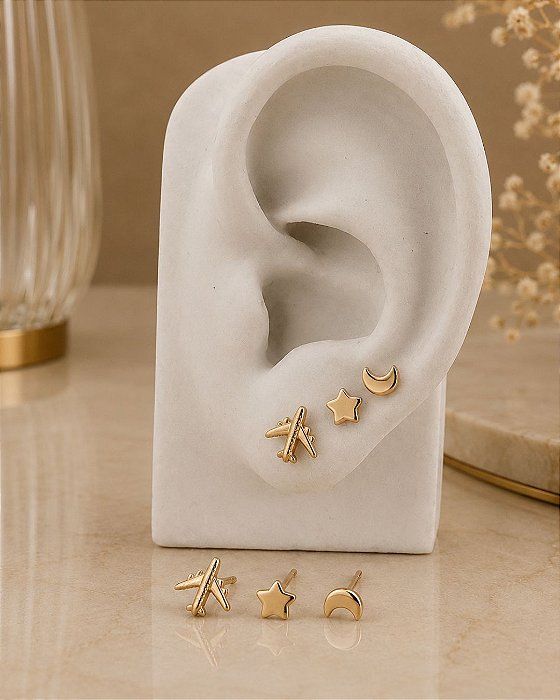 Trio Avião, Estrela e Lua - Semijoia - Semijoia 18k - B157-1070