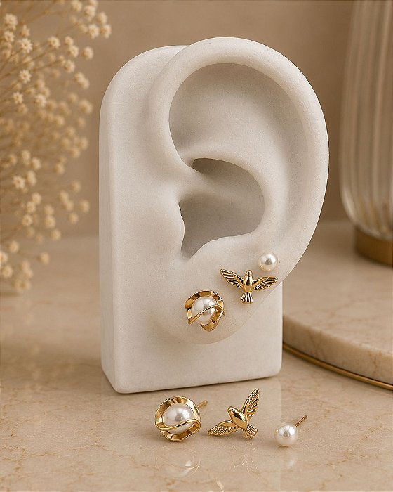 Trio Espírito Santo e Pérolas - Semijoia 18k - B158