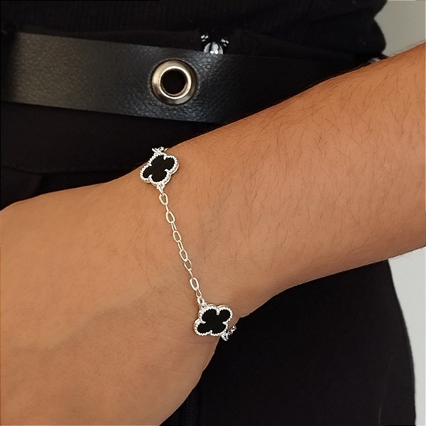 Pulseira Com Trevos Preto - Prata 925 - MP933-26156