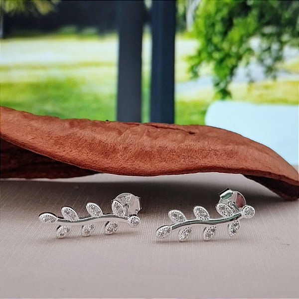 Brinco Ear Cuff Folha Cravejada - Prata 925 - B182-1484