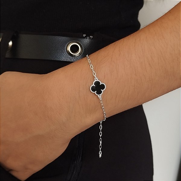 Pulseira Com Trevo Preto - Prata 925 - MP934-1990