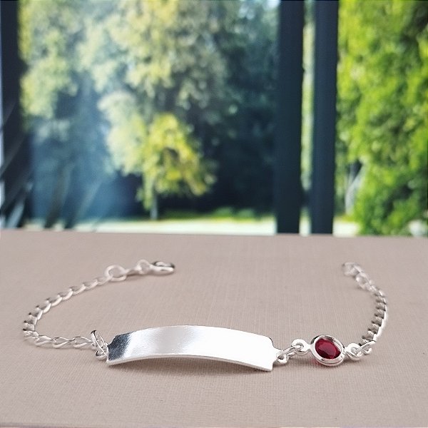 Pulseira Infantil Plaquinha + Zircônia Vermelha - Prata 925 - MP947-21126