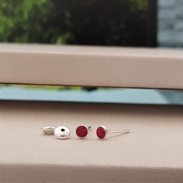 Brinco Ponto de Luz Vermelho C/ Tarraxa Baby - 3mm - Prata 925 - B221-638