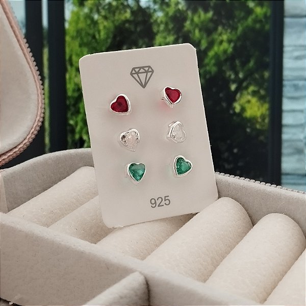 Trio de Brincos Coração Color - Prata 925 - B225-1378