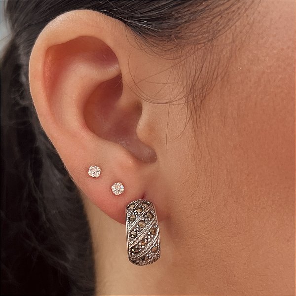 Argola Cravejada Com Marcassitas - Prata 925 Bali Envelhecida - B248-68408