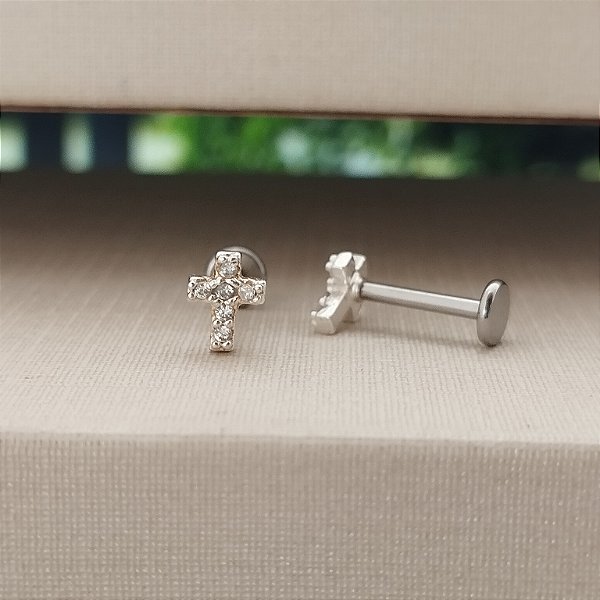 Piercing Tragus Mini Crucifixo Cravejado - (Unidade) - Prata 925 - B271-642