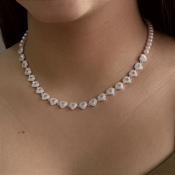 Gargantilha Com Pérolas e Coração Cravejados  Com Swarovski - Prata 925 - MG636-2641584