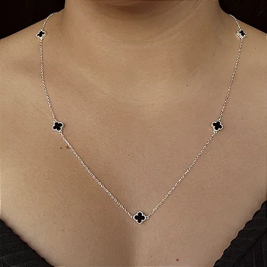 Gargantilha Longuinha Com Trevos Preto - Prata 925 - MG637-64386