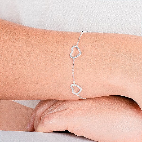 Pulseira Com Corações Cravejado - Prata 925 - MP961-56336