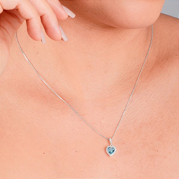 Gargantilha Coração Azul Cravejado - Prata 925 - MG651-36228