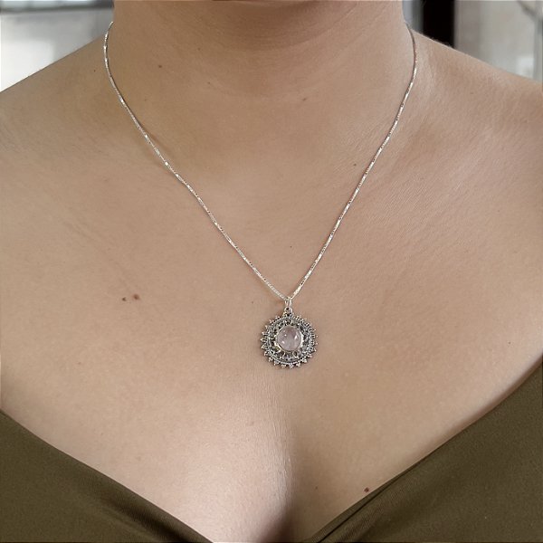 Gargantilha Mandala C/Pedra Natural Rosê - Prata 925 - MG655-52312
