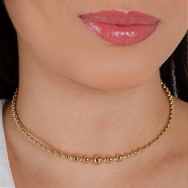 Gargantilha Choker Bolinhas C/ Zircônias Cravejada Semijóias 18k - (Aro Rígido) Antialérgica