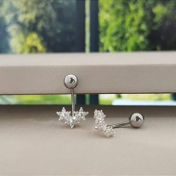Piercing Umbigo Com Pingente Estrelinhas - Prata 925 e Aço Cirúrgico - B297-1484
