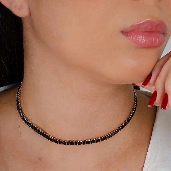 Gargantilha  Choker Riviera Zircônias Preta - Semijoia 18k - Antialérgica