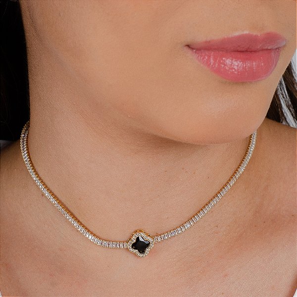 Gargantilha Choker Riviera c/ Trevo Preto- Semijoia 18k - Antialérgica