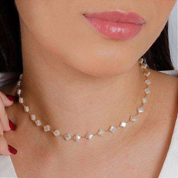 Gargantilha Choker Pérola Trevo - Semijoia 18k - Antialérgica