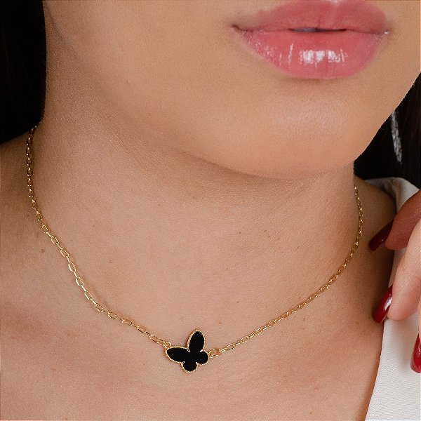 Gargantilha Choker Cartier Borboleta Preta  - Semijoia 18k - Antialérgica
