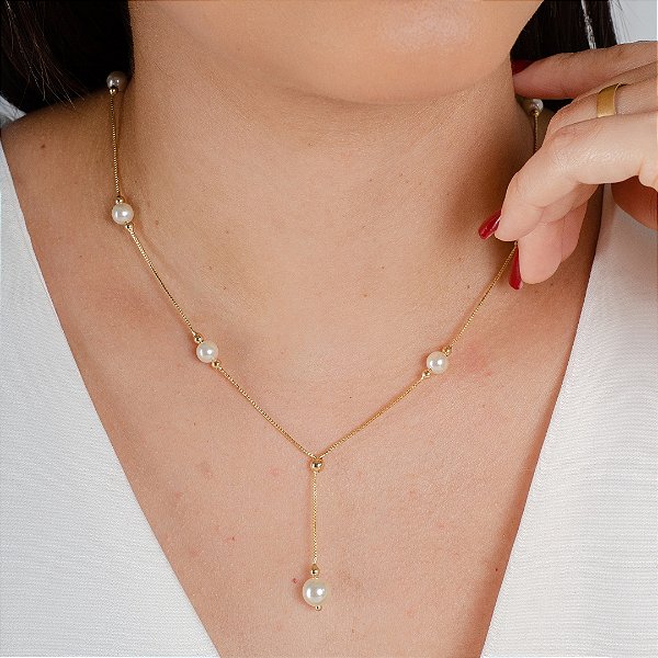 Gargantilha Gravatinha c/ Bolinhas em Pérolas  - Semijoia 18k - Antialérgica