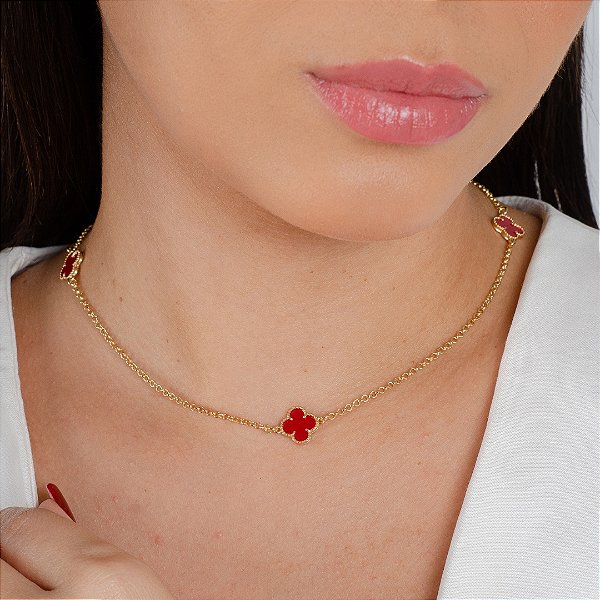Gargantilha Trevo Cor Vermelho - Semijoia 18k - Antialérgica