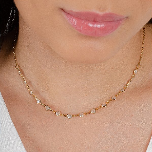 Gargantilha Choker Corações Cravejados - Semijoia 18k - Antialérgica