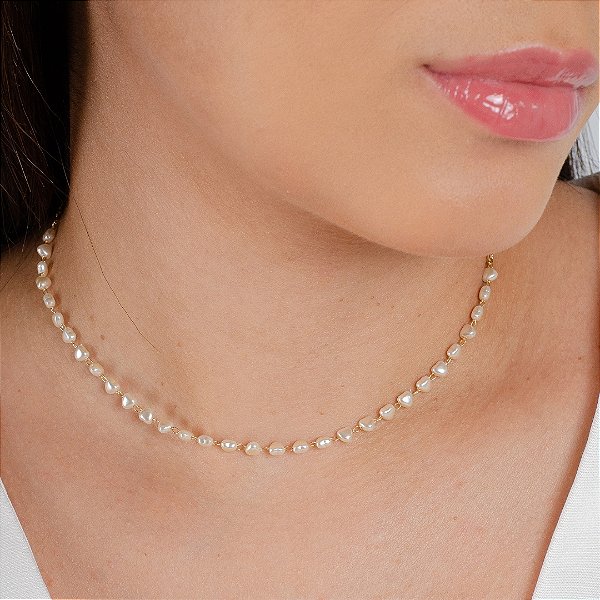 Gargantilha Choker Pérolas em Corações - Semijoia 18k - Antialérgica