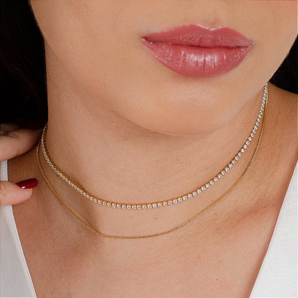 Gargantilha Choker Dupla c/ Pedras Cravejadas - Semijóias 18k - Antialérgica