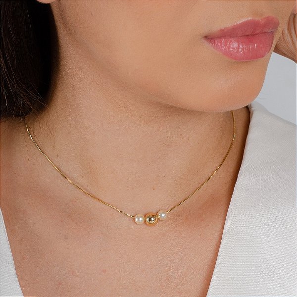 Gargantilha Bolinha c/ Pérola - Semijoia 18k - Antialérgica