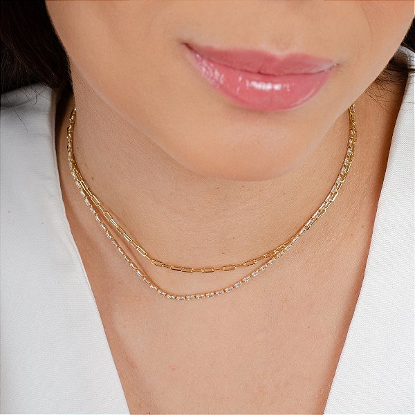 Gargantilha Choker Elo Cartier Dupla c/ Pedras Cravejadas -Semijoia 18k - Antialérgica