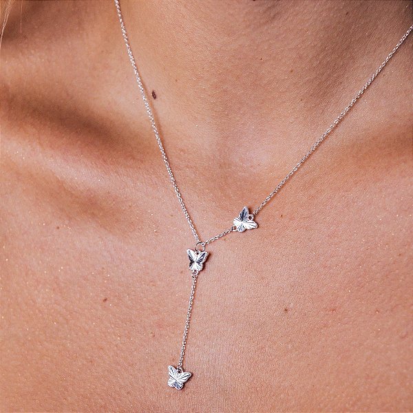 Gargantilha Gravatinha Com Borboletas - Prata 925 - MG772-36220