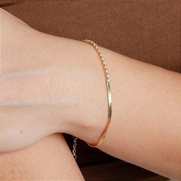 Pulseira Laminada com Riviera - Semijoia 18k - Antialérgico - MP971-11140