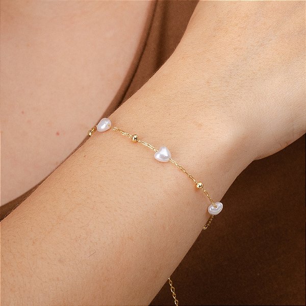 Pulseira Corações Perolados -  Semijoias 18k - Antialérgico - MP978-84110