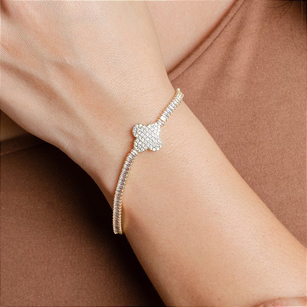 Pulseira Baguette com Trevo Cravejado - Semijoias 18k - MP985-23280