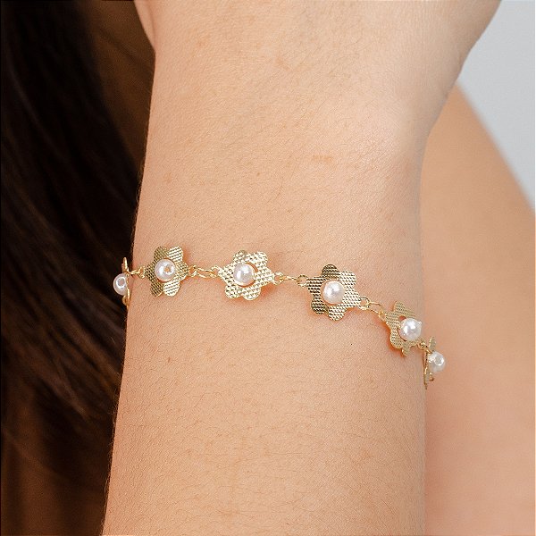 Pulseira Infantil Florzinha com Pérola - Semijoia 18k - MP996-11130