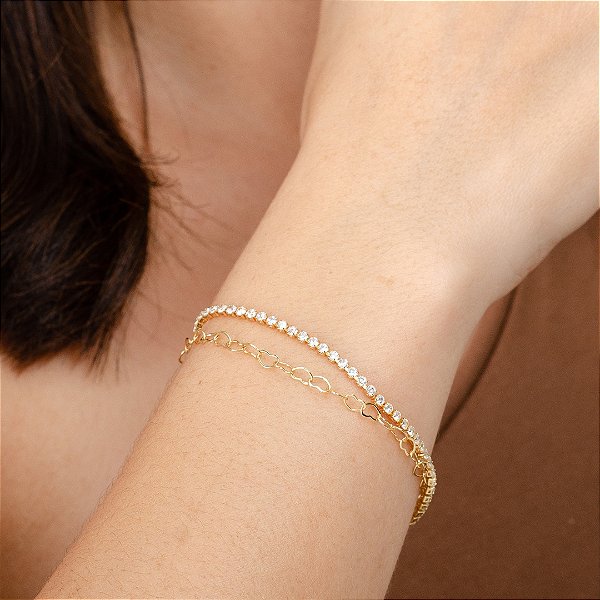 Pulseira Dupla Elos de Corações e Riviera - Semijoias 18k - P26-17170