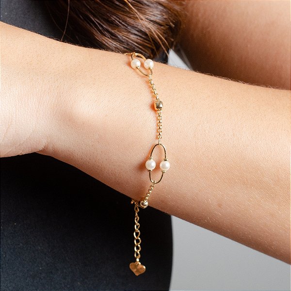 Pulseira Elos c/ Pérolas -  Semijoias 18k - P28-15150