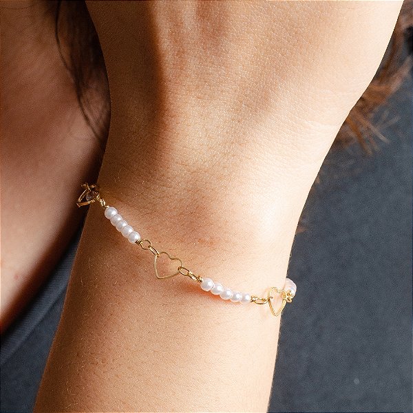 Pulseira Corações e Pérolas - Semijoias 18k - P35-12130