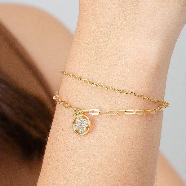 Pulseira Cartier Dupla com Pingente Trevo Cravejado - P38-16180