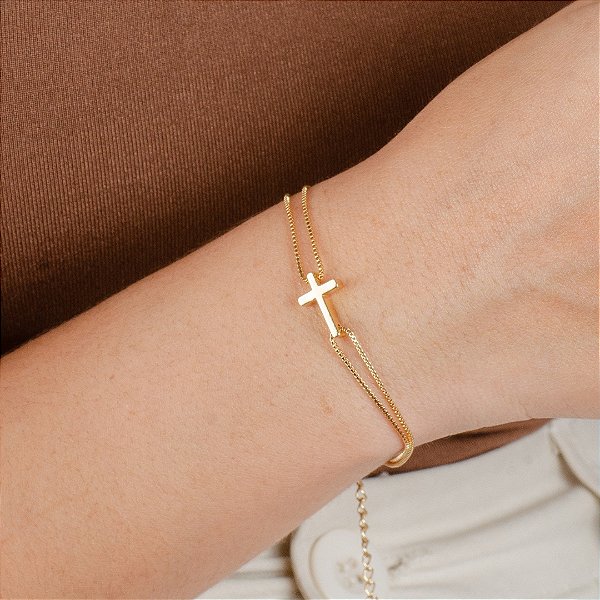 Pulseira Dupla c/ Crucifixo - Semijoias 18k - P54-12160