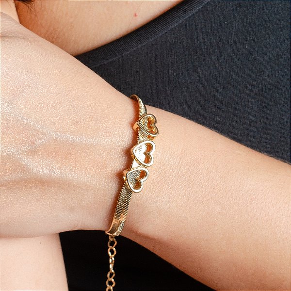 Pulseira Laminada c/ Corações  -  Semijoias 18k - P58-30270