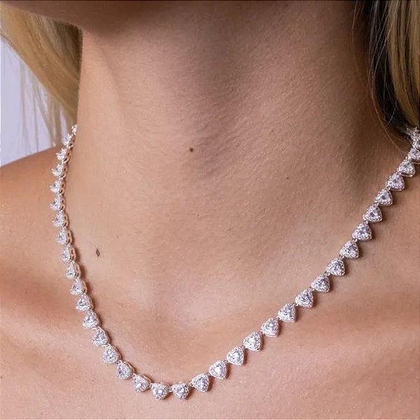 Gargantilha Choker Luxo Com Corações Cravejados - Prata 925 - MG778-2921752