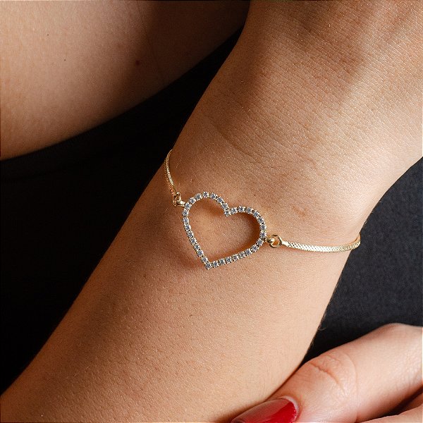 Pulseira Laminada c/ Coração Cravejado - Semijoia 18k - P64-19190
