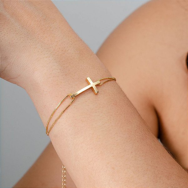 Pulseira Veneziana Dupla com Crucifixo - Semijoias 18k - P73-4150