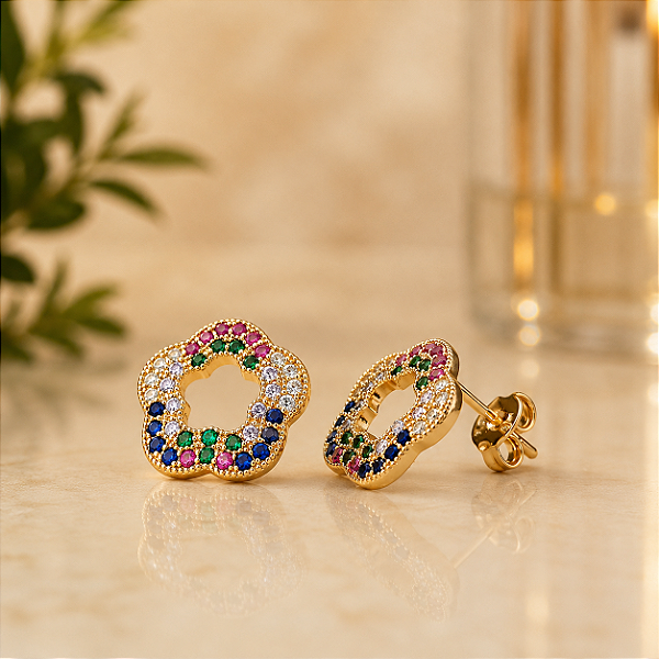 Brinco Flor Com Zircônias Multicor - Semijoia 18k - B372