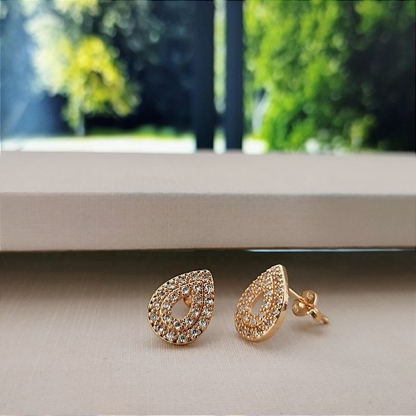 Brinco Gota Cravejado - Semijoia 18k - 12 mm